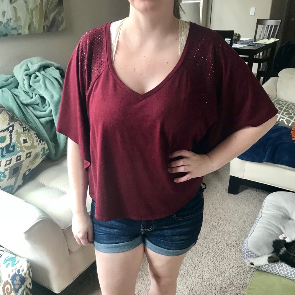 Wine colored flutter sleeve top